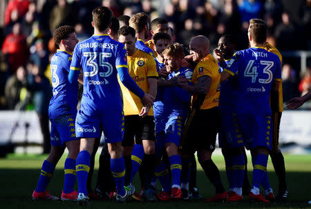 Soccer Football - FA Cup Third Round - Newport County AFC vs Leeds United - Rodney Parade, Newport, Britain - January 7, 2018 Leeds United's Samu Saiz reacts after being sent off REUTERS/Rebecca Naden