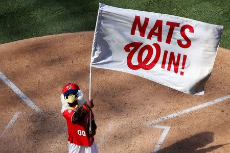 Aug 23, 2015; Washington, DC, USA; Washington Nationals mascot "Screech" waves a flag on the field after the Nationals' game against the Milwaukee Brewers at Nationals Park. The Nationals won 9-5. Mandatory Credit: Geoff Burke-USA TODAY Sports