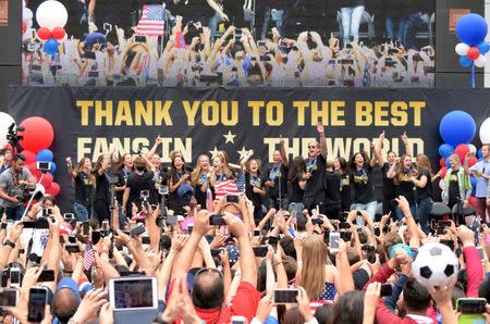 Jul 7, 2015; Los Angeles, CA, USA; General view of the United States womens national team at 2015 World Cup celebration at Microsoft Square at L.A. Live. Mandatory Credit: Kirby Lee-USA TODAY Sports