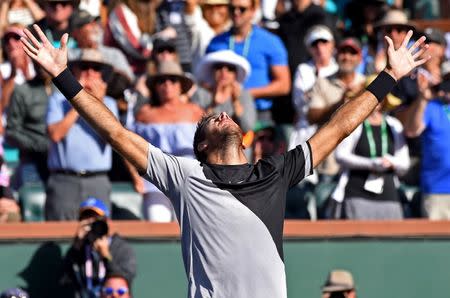 Mar 18, 2018; Indian Wells, CA, USA; Juan Martin Del Potro celebrates after defeating Roger Federer (not pictured) in the men's finals in the BNP Paribas Open at the Indian Wells Tennis Garden. Mandatory Credit: Jayne Kamin-Oncea-USA TODAY Sports