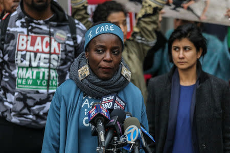 Therese Okoumou, Statue of Liberty climber, talks to Media at the United States Courthouse in the Manhattan borough of New York City, New York, U.S., December 17, 2018. REUTERS/Jeenah Moon