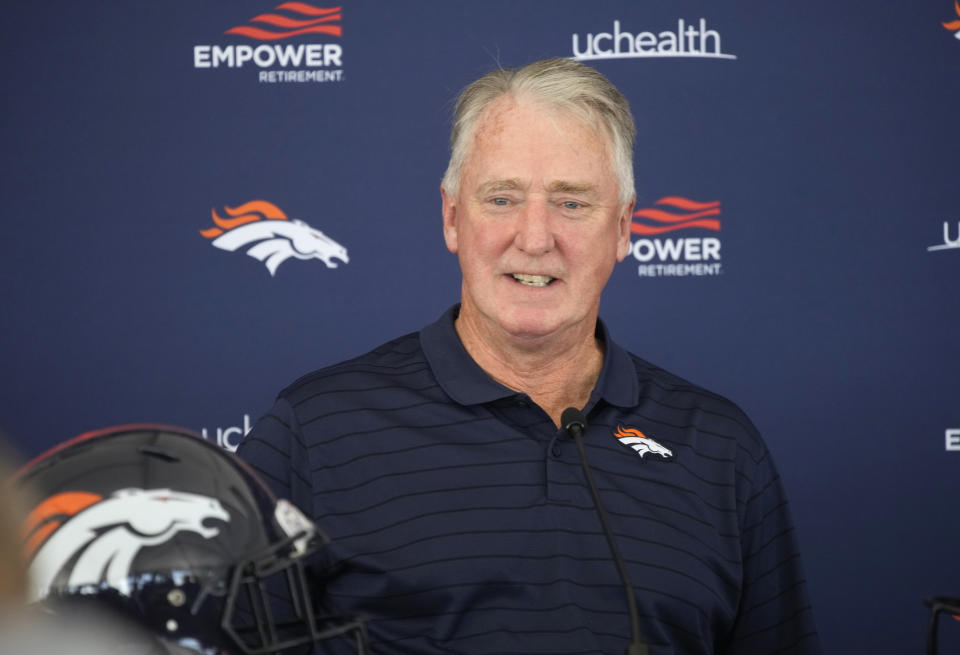 FILE - Joe Ellis, president of the Denver Broncos, responds to questions during a news conference on media day Tuesday, July 27, 2021, in Englewood, Colo. The Denver Broncos are looking for a new owner in what’s expected to be the most expensive team sale in U.S. sports history. The Pat D. Bowlen Trust announced Tuesday, Feb. 1, 2022, it's in the “beginning of a sale process” for the franchise that's valued at $4 billion and is expected to draw heavy bidding that could push the sale price well beyond that figure. (AP Photo/David Zalubowski, File)