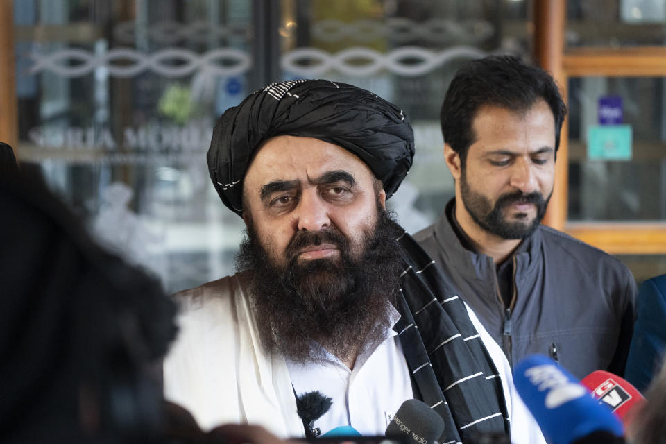 Afghan Foreign Minister Amir Khan Muttaqi meets the media outside the Soria Moria hotel in Oslo, Norway, Monday, Jan. 24, 2022. The Taliban and western diplomats have began their first official talks in Europe since they took over control of Afghanistan in August. The closed-door meetings were taking place at a hotel in the snow-capped mountains above the Norwegian capital and Taliban representatives will be certain to press their demand that nearly $10 billion frozen by the United States and other Western countries be released as Afghanistan faces a precarious humanitarian situation.(Terje Pedersen/NTB scanpix via AP)