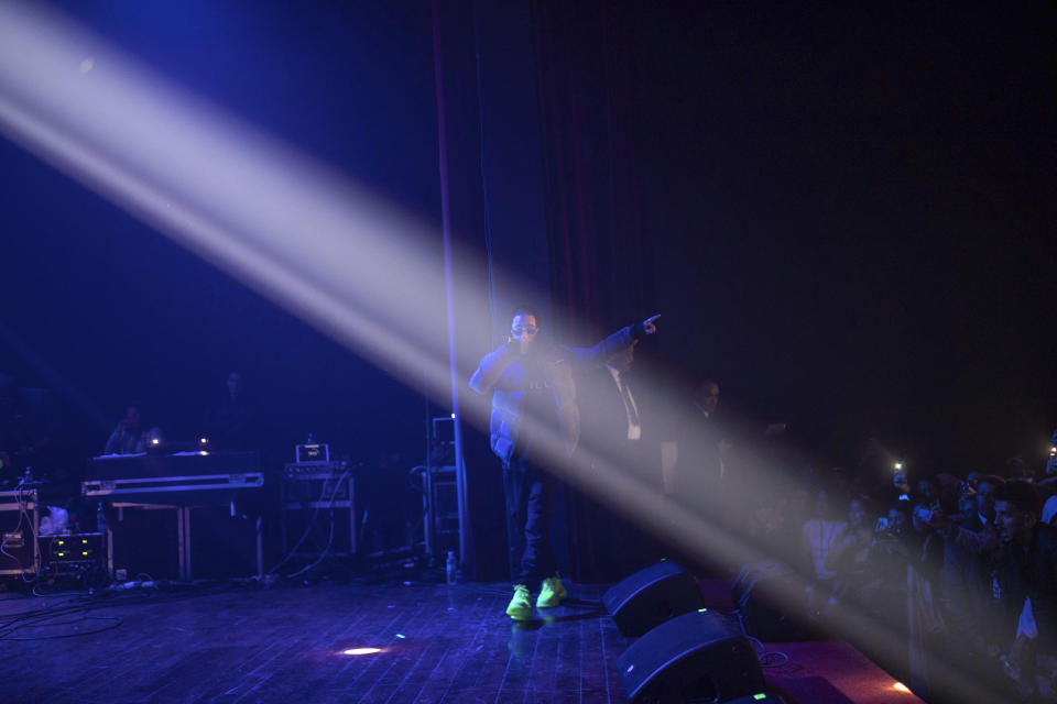 In this Friday, Nov. 22, 2019 photo, Moroccan rapper Madd performs at a rap concert as part of the Visa for Music festival in Rabat, Morocco. (AP Photo/Mosa'ab Elshamy)