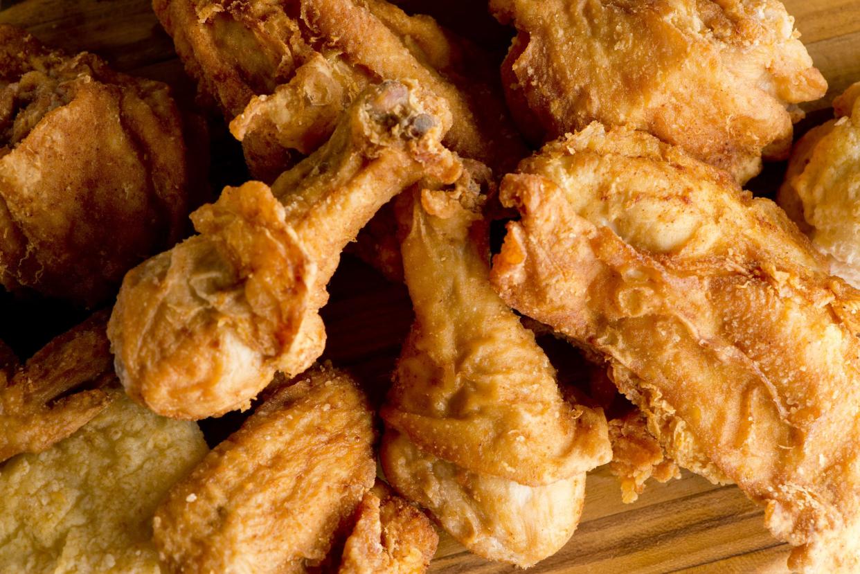 Fried Chicken. Classic traditional american southern entree, crispy buttermilk fried chicken. Dipped in buttermilk and spices, dredged in flour and fried in oil and cast iron skillet. American classic