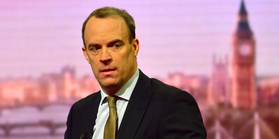 FILE PHOTO: Britain's Foreign Secretary Dominic Raab appears on BBC TV's The Andrew Marr Show in London, Britain January 5, 2020. Jeff Overs/BBC/Handout via REUTERS 