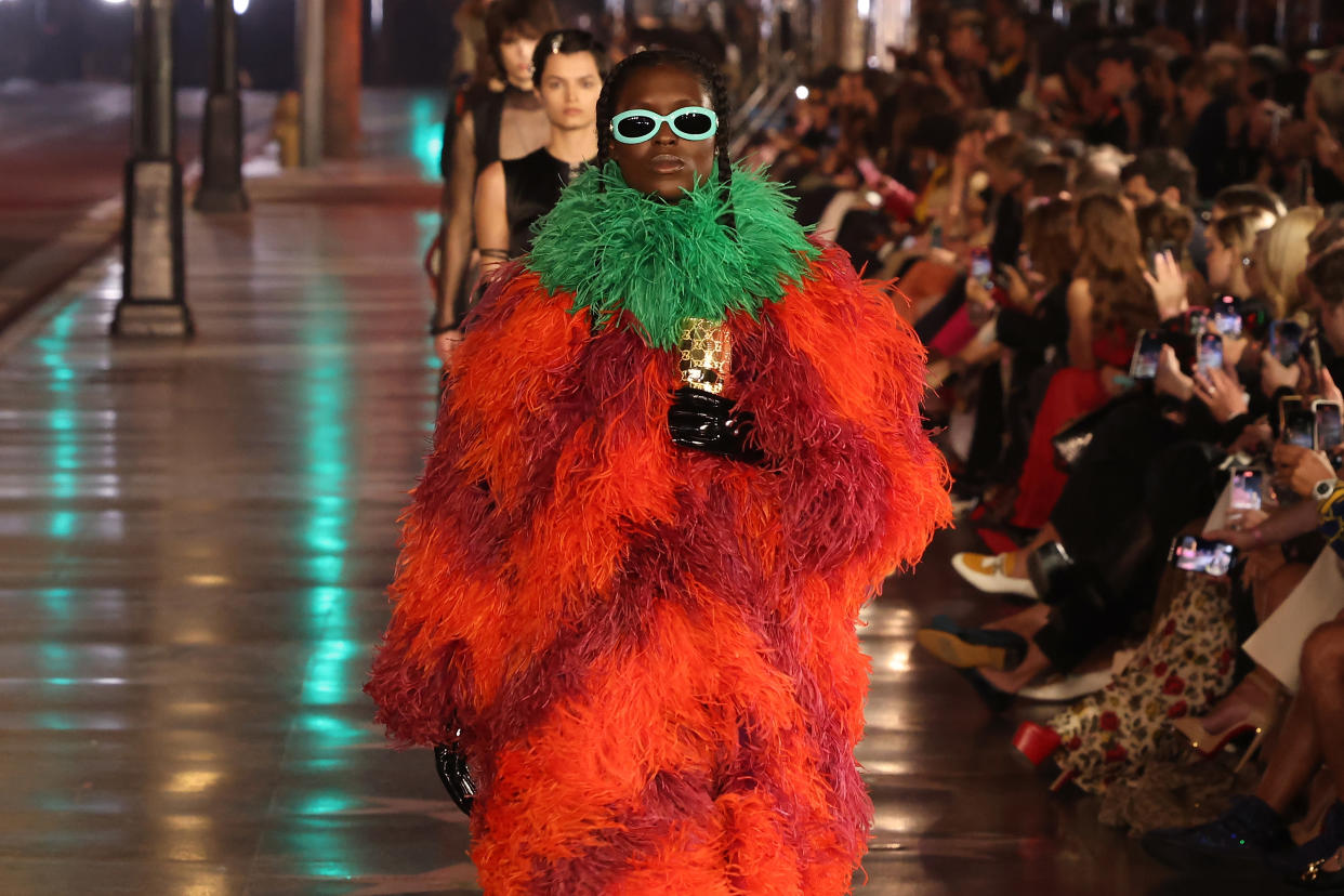 HOLLYWOOD, CALIFORNIA - NOVEMBER 02: Jodie Turner-Smith walks the runway at the 2021 Gucci Love Parade down Hollywood Boulevard on November 02, 2021 in Hollywood, California. (Photo by Taylor Hill/WireImage)