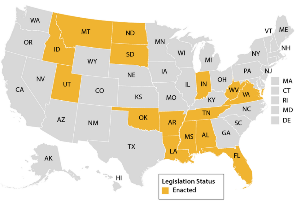 A map produced by the Congressional Research Service showing states that enacted restrictions on foreign ownership of land during the first six months of 2023.