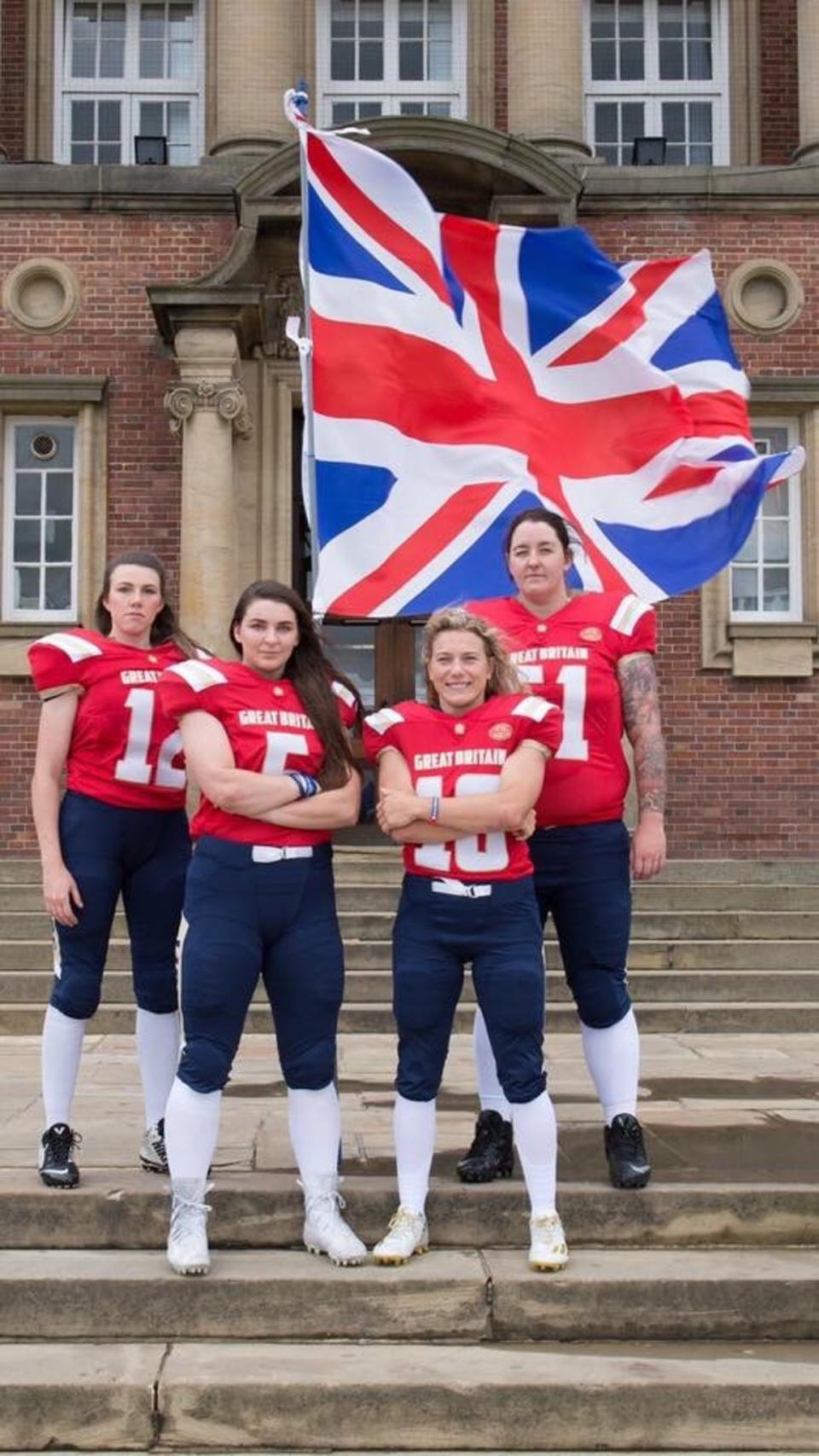 From left to right: Amanda Humphrey (captain), Rebecca Martin (captain), Phoebe Schecter (team captain) Laura Dye (captain) at the 2019 European Championships in Leeds. (c) Phoebe Schecter/Instagram