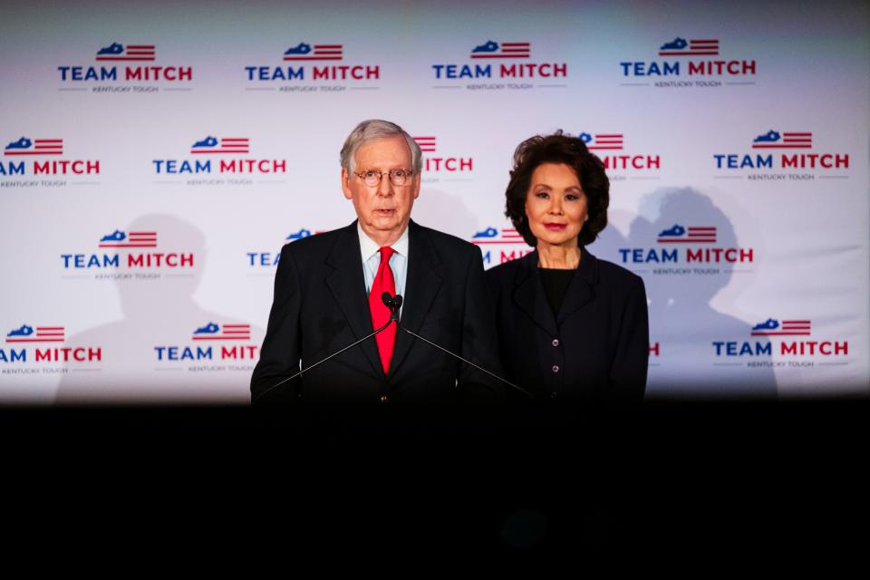 Senate Republican leader Mitch McConnell and his wife, former Labor and Transportation Secretary Elaine Chao, celebrate his reelection in 2020 in Louisville, Ky.