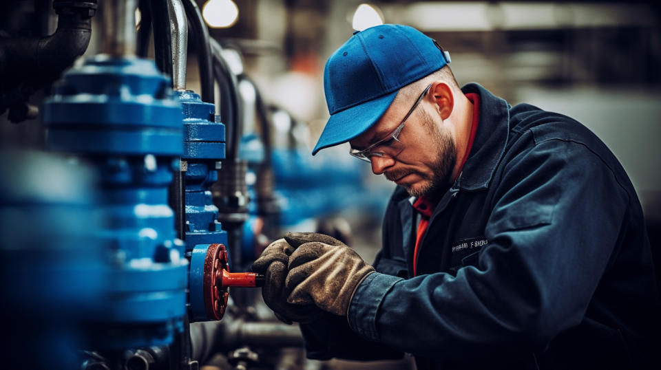 A technician opening a valve in a water infrastructure facility.