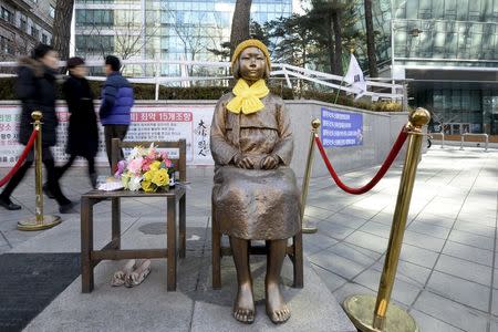 A statue of a girl that represents the sexual victims by the Japanese military is seen in front of Japanese embassy in Seoul, South Korea, December 28, 2015. REUTERS/Ahn Eun-na/News1