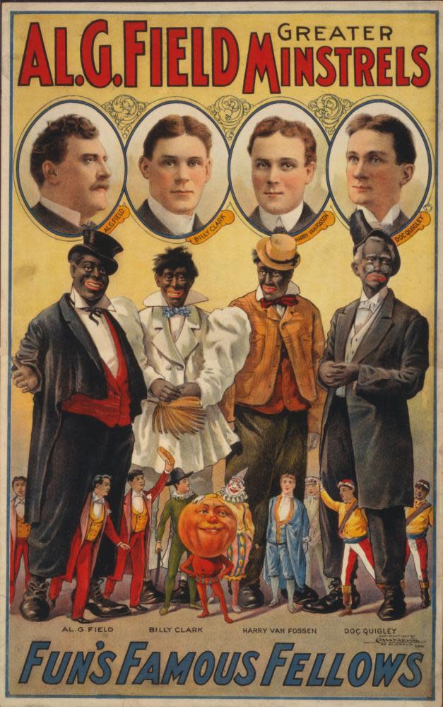 Four white actors in a 1907 poster above their blackface characters with the words “Greater AI.G.Field Minstrels – Fun’s Famous Fellows”