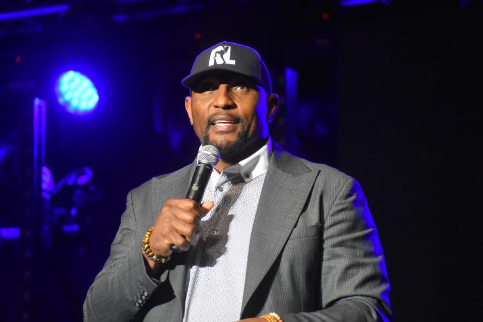 Baltimore Ravens NFL legend Ray Lewis speaks to the crowd at Dockside's second installment of "Dock Jam" on Saturday, October 7, 2023, in Pocomoke City, Maryland.