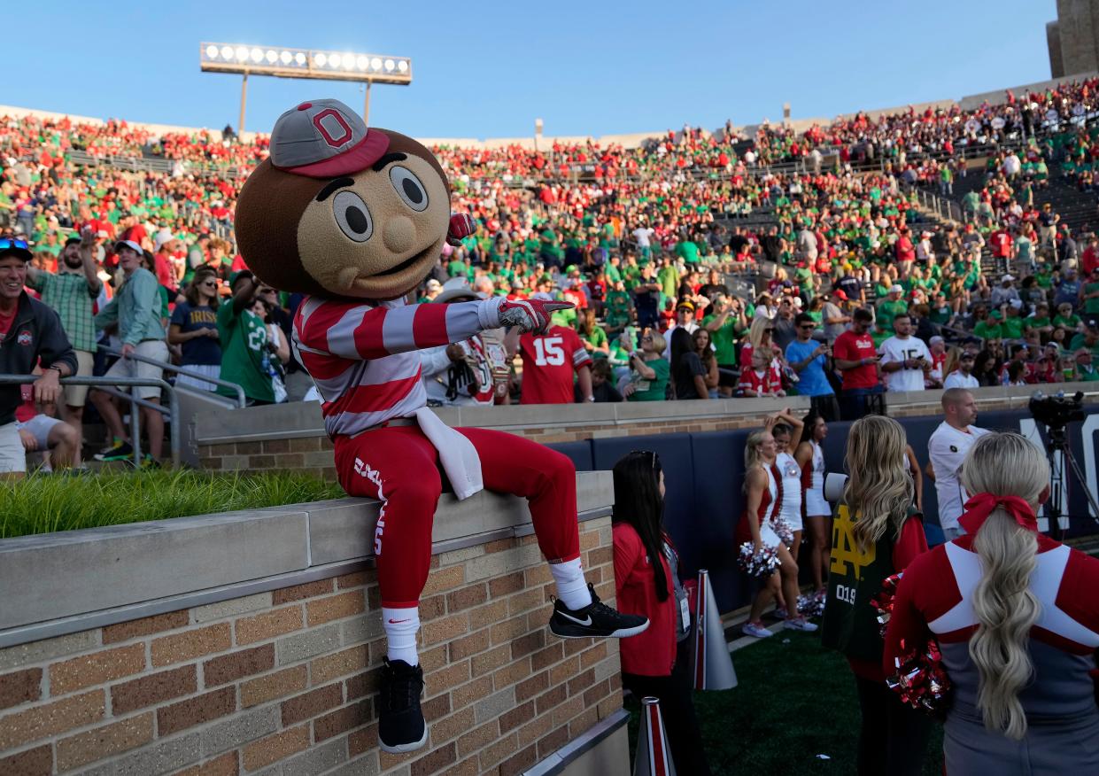 Brutus Buckeye watches Ohio State and Notre Dame warm up before Saturday's game at Notre Dame Stadium.