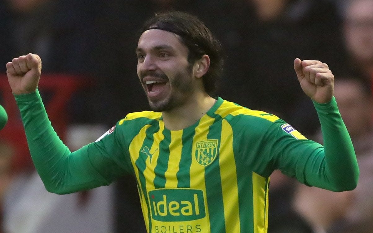 Filip Krovinovic of West Bromwich Albion celebrates after scoring a goal to make it 0-1 during the Sky Bet Championship match between Barnsley and West Bromwich Albion - Adam Fradgley - AMA/WBA FC via Getty Images