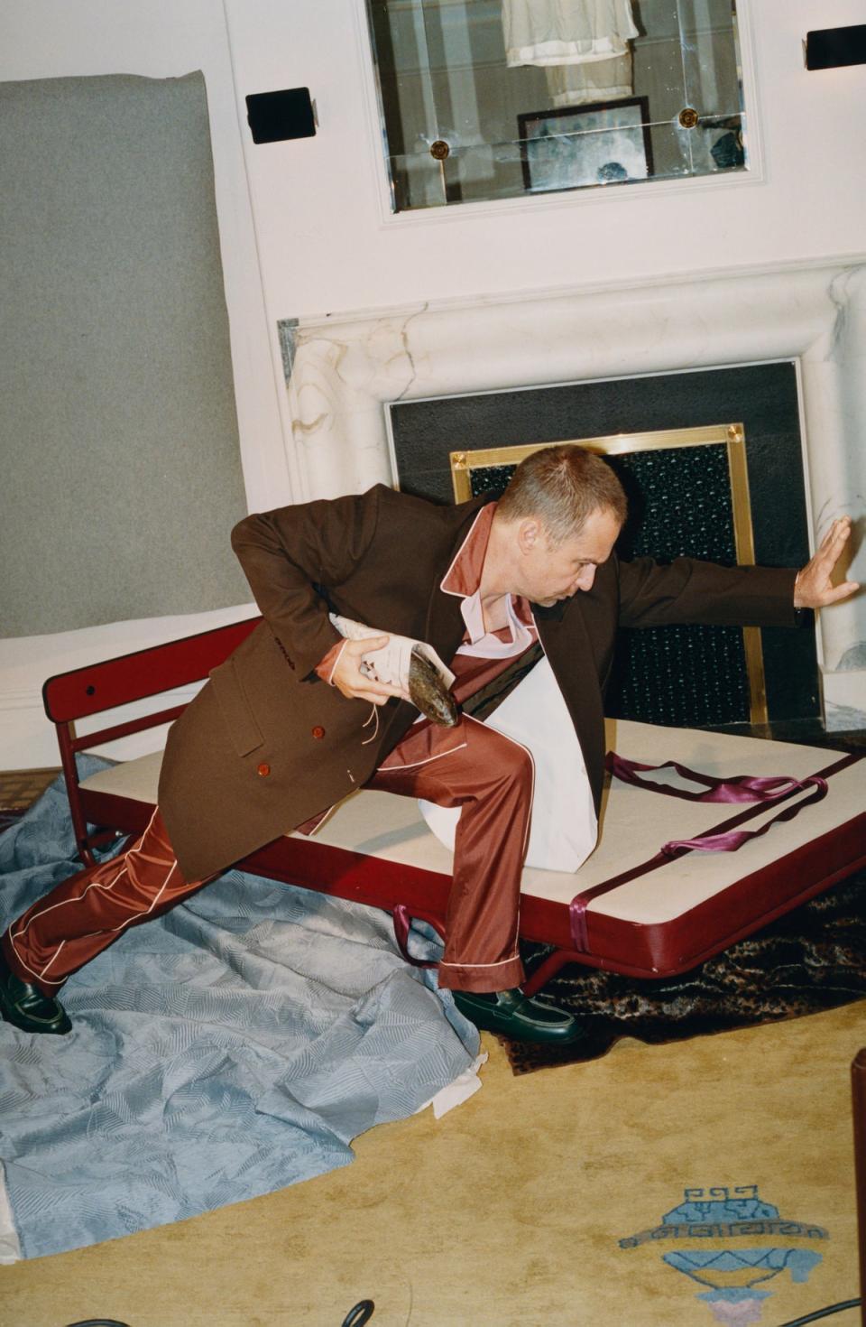 Sam Rockwell by Cameron Postforoosh and ES Magazine | VALENTINO  double-breasted  jacket, £2,050;  pyjama shirt,  £1,150; pyjama  trousers, £1,150  (valentino.com) DUKE + DEXTER  penny loafers,  £220 (dukeand dexter.com (Sam Rockwell by Cameron Postforoosh and ES Magazine | VALENTINO  double-breasted  jacket, £2,050;  pyjama shirt,  £1,150; pyjama  trousers, £1,150  (valentino.com) DUKE + DEXTER  penny loafers,  £220 (dukeand dexter.com)