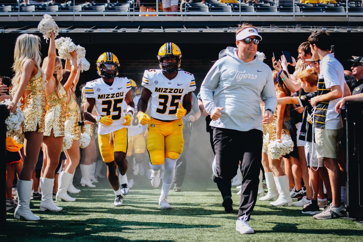 Missouri head coach Eli Drinkwitz takes to the field with his team before a game against Abilene Christian on Sept. 17, 2022 at Faurot Field in Columbia.