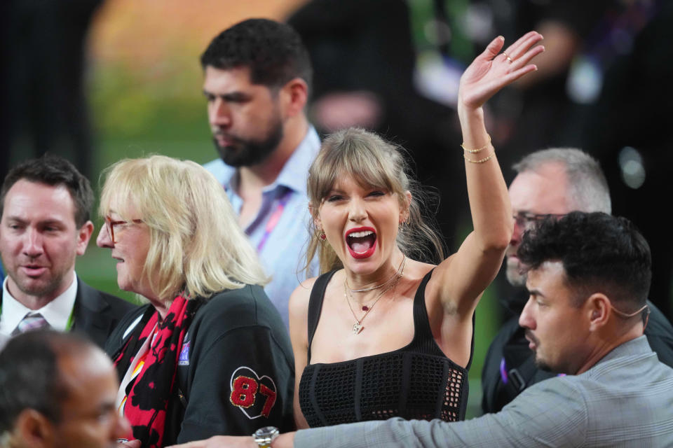 Taylor Swift on the field after the Kansas City Chiefs defeated the San Francisco 49ers in overtime of Super Bowl LVIII at Allegiant Stadium in Las Vegas on Feb. 11, 2024.