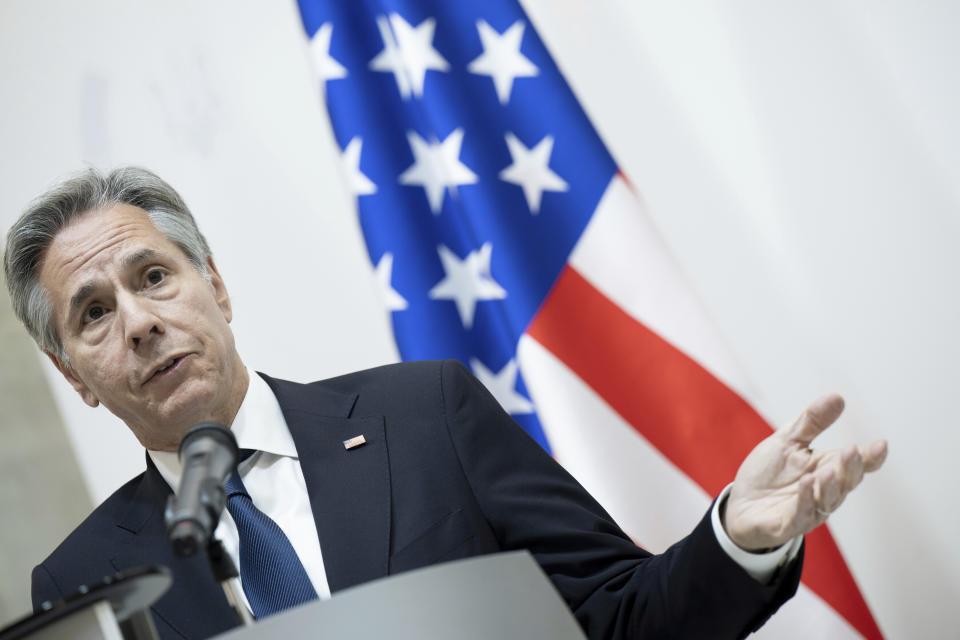 U.S. Secretary of State Antony Blinken attends a joint press conference with Ukrainian Foreign Minister following their talks in Kyiv on Wednesday, May 15, 2024. (Brendan Smialowski, Pool Photo via AP)