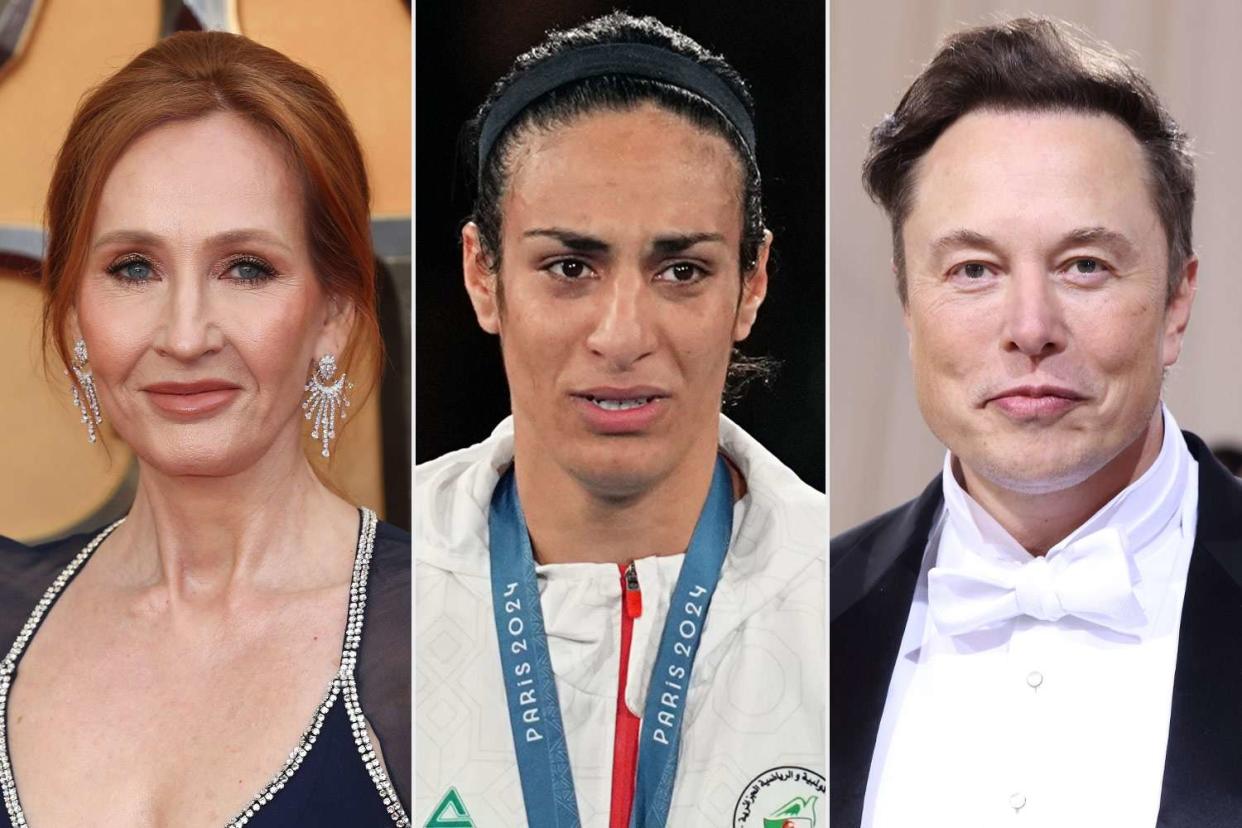 <p>Mike Marsland/WireImage; Ulrik Pedersen/DeFodi Images via Getty; Taylor Hill/Getty</p> From Left: J.K. Rowling; Imane Khelif; and Elon Musk