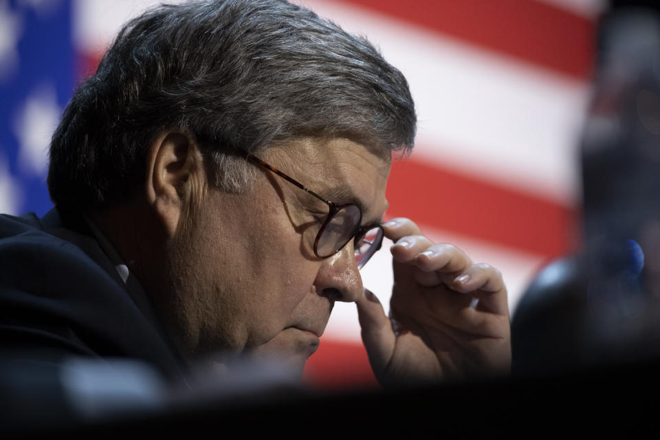 Attorney General William Barr is seated before President Donald Trump speaks during a roundtable discussion about "Transition to Greatness: Restoring, Rebuilding, and Renewing," at Gateway Church Dallas, Thursday, June 11, 2020, in Dallas.(AP Photo/Alex Brandon)