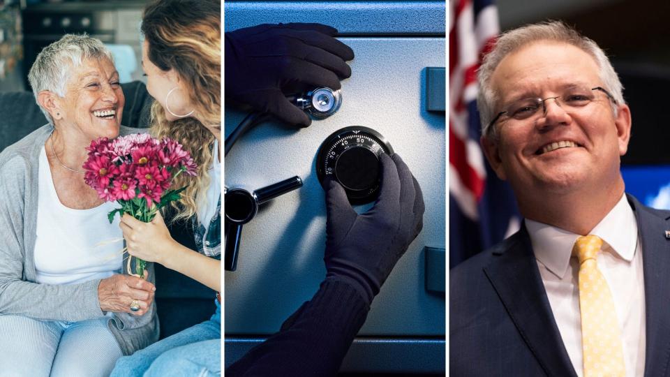 Mother receiving flowers from daughter, a thief opening a safe and Scott Morrison smiling.