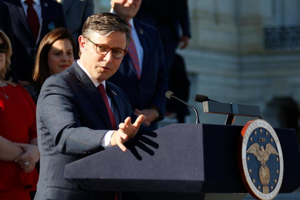 Speaker of the House Rep. Mike Johnson, R-La., delivers remarks as Republican House lawmakers gather on the Capitol steps after electing Johnson to the speakership in Washington on Oct. 25, 2023