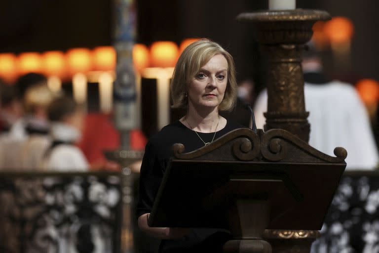 Britain's Prime Minister Liz Truss gives a reading during the Service of Prayer and Reflection, following the passing of Britain's Queen Elizabeth II, at St Paul's Cathedral in London, Friday Sept. 9, 2022. (Paul Childs/Pool Photo via AP)