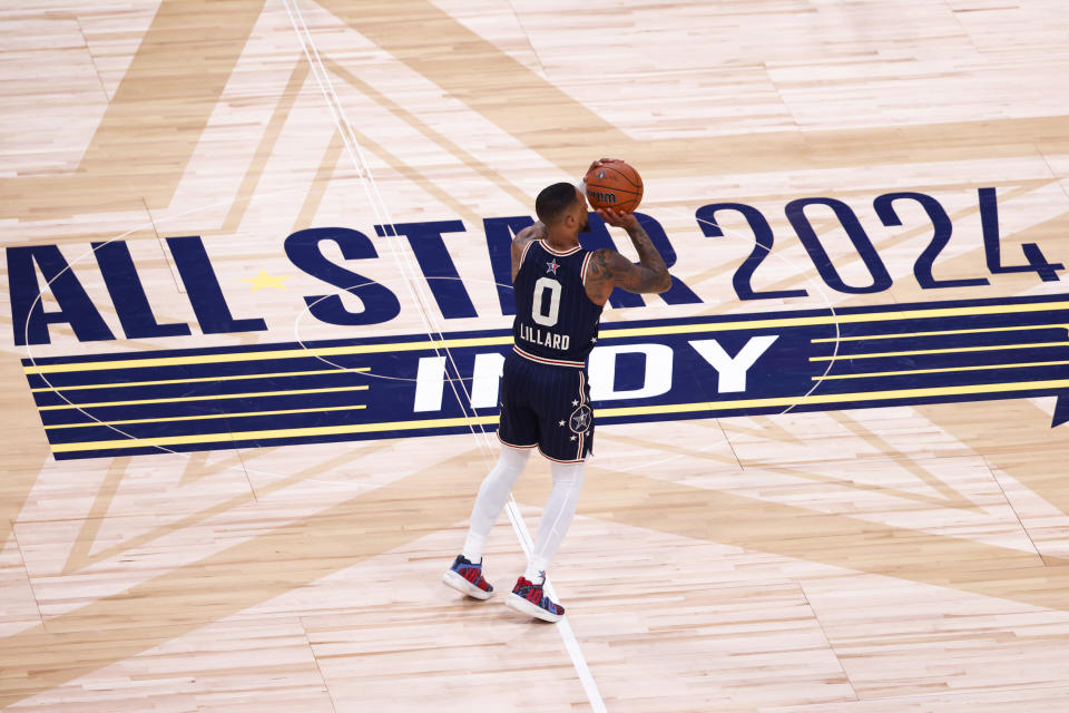 INDIANAPOLIS, INDIANA - FEBRUARY 18: Damian Lillard #0 of the Milwaukee Bucks and Eastern Conference All-Stars shoots the ball against the Western Conference All-Stars in the fourth quarter during the 2024 NBA All-Star Game at Gainbridge Fieldhouse on February 18, 2024 in Indianapolis, Indiana. NOTE TO USER: User expressly acknowledges and agrees that, by downloading and or using this photograph, User is consenting to the terms and conditions of the Getty Images License Agreement. (Photo by Justin Casterline/Getty Images)