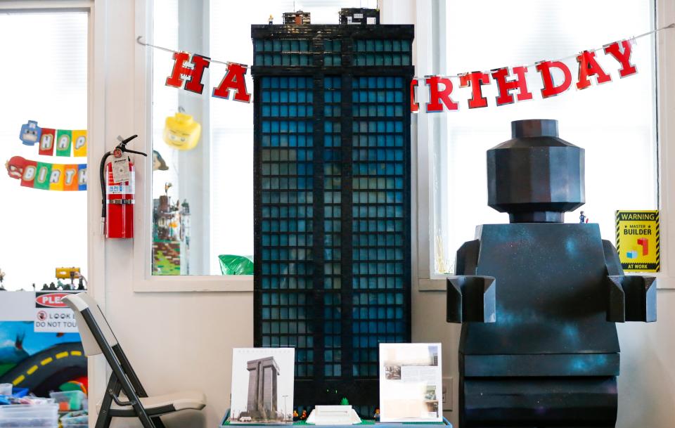 Harold Moody's five-foot replica of Hammons Tower made entirely of Lego pieces on display at Bricks & Minifigs at 1570 E. Battlefield Road Suite E.