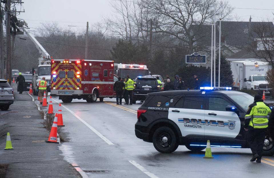 Route 28 in West Yarmouth was blocked off Tuesday morning at the scene of a crash where a detail police officer was struck by an SUV while directing traffic. The officer was transported by Yarmouth Fire Department to South Shore Hospital. A medical helicopter was called but couldn't fly because of the weather.