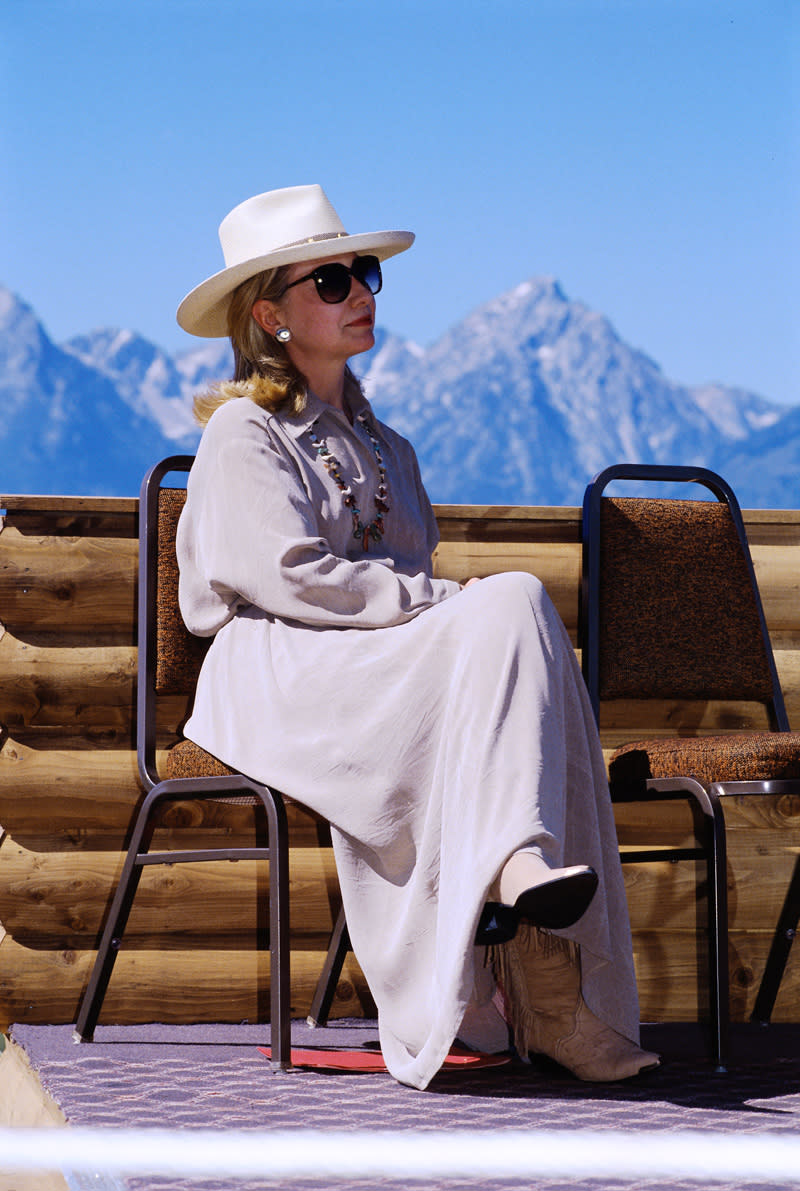 Hillary Clinton in a formal cowgirl look on August 26, 1995