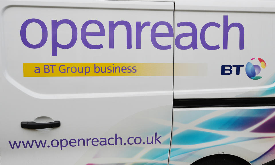 A British Telecom Openreach van, parked in an east London road.