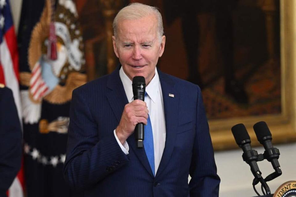 US President Joe Biden speaks during the Commander-in-Chief trophy presentation to the Air Force Falcons football team, in the East Room of the White House in Washington, DC, April 28, 2023.