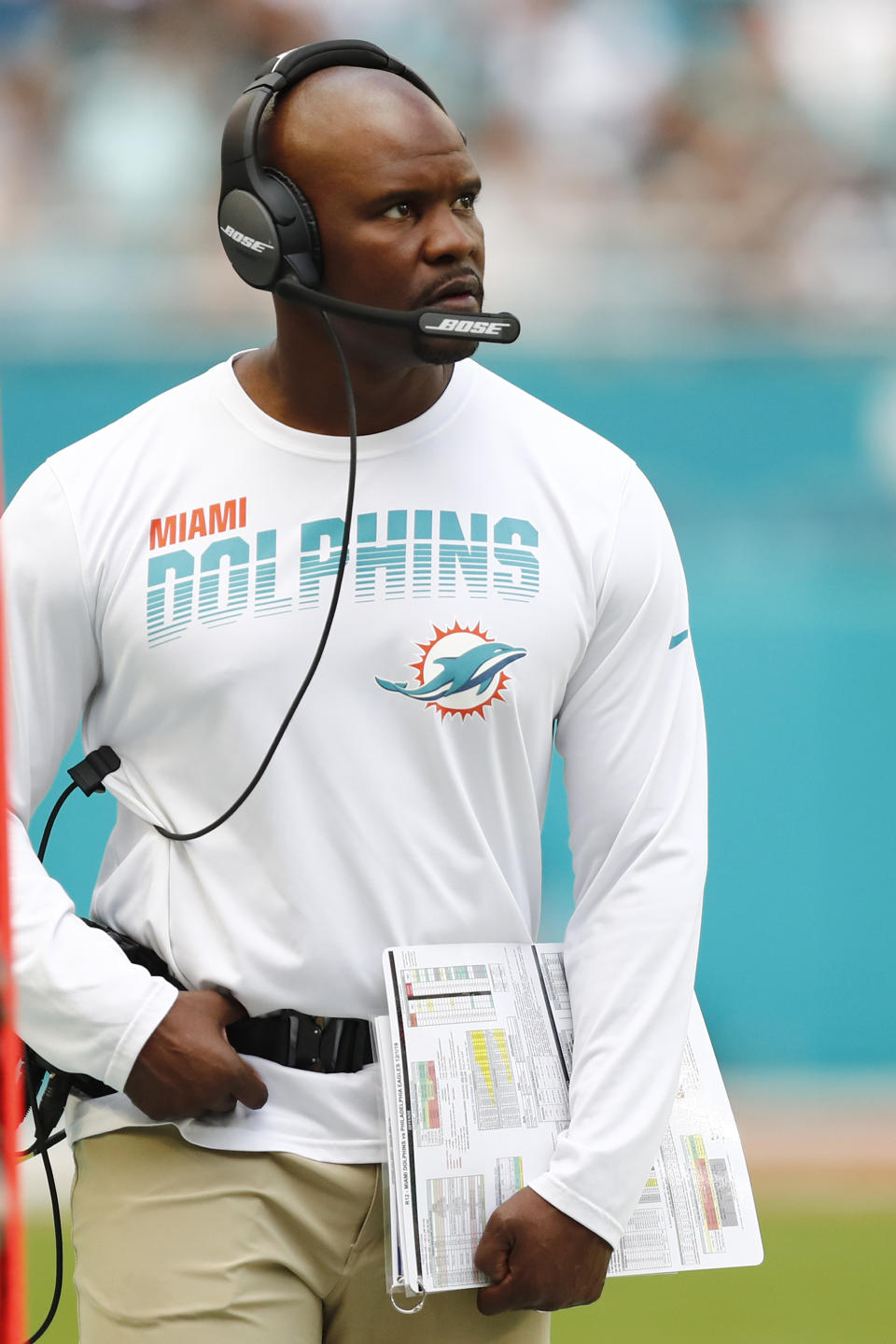 Miami Dolphins head coach Brian Flores watches the game from the sidelines, during the first half at an NFL football game against the Philadelphia Eagles, Sunday, Dec. 1, 2019, in Miami Gardens, Fla. (AP Photo/Brynn Anderson)