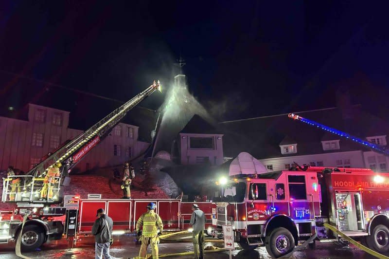 Although fire damage was limited to the Timberline Lodge's attic and roof, the extent of water damage from fire hoses is unknown. Photo courtesy of Clackamas Fire Department/X