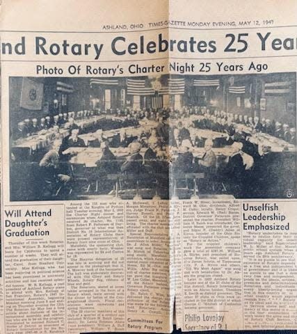 A photo of the 1947 Ashland Times-Gazette celebrating 25 years of Ashland Rotary with a photo of the organization's charter night in 1922.