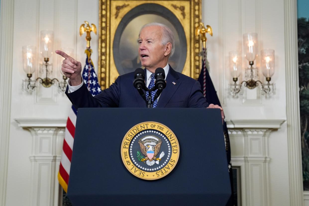 President Joe Biden speaks in the Diplomatic Reception Room of the White House on Tuesday in Washington.