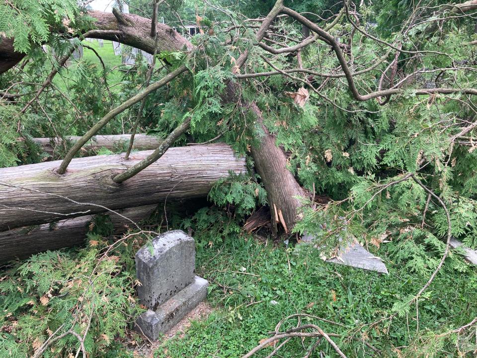 A microburst damaged a large area of Temple Hill Cemetery in Geneseo, Livingston County, on June 16, 2022.