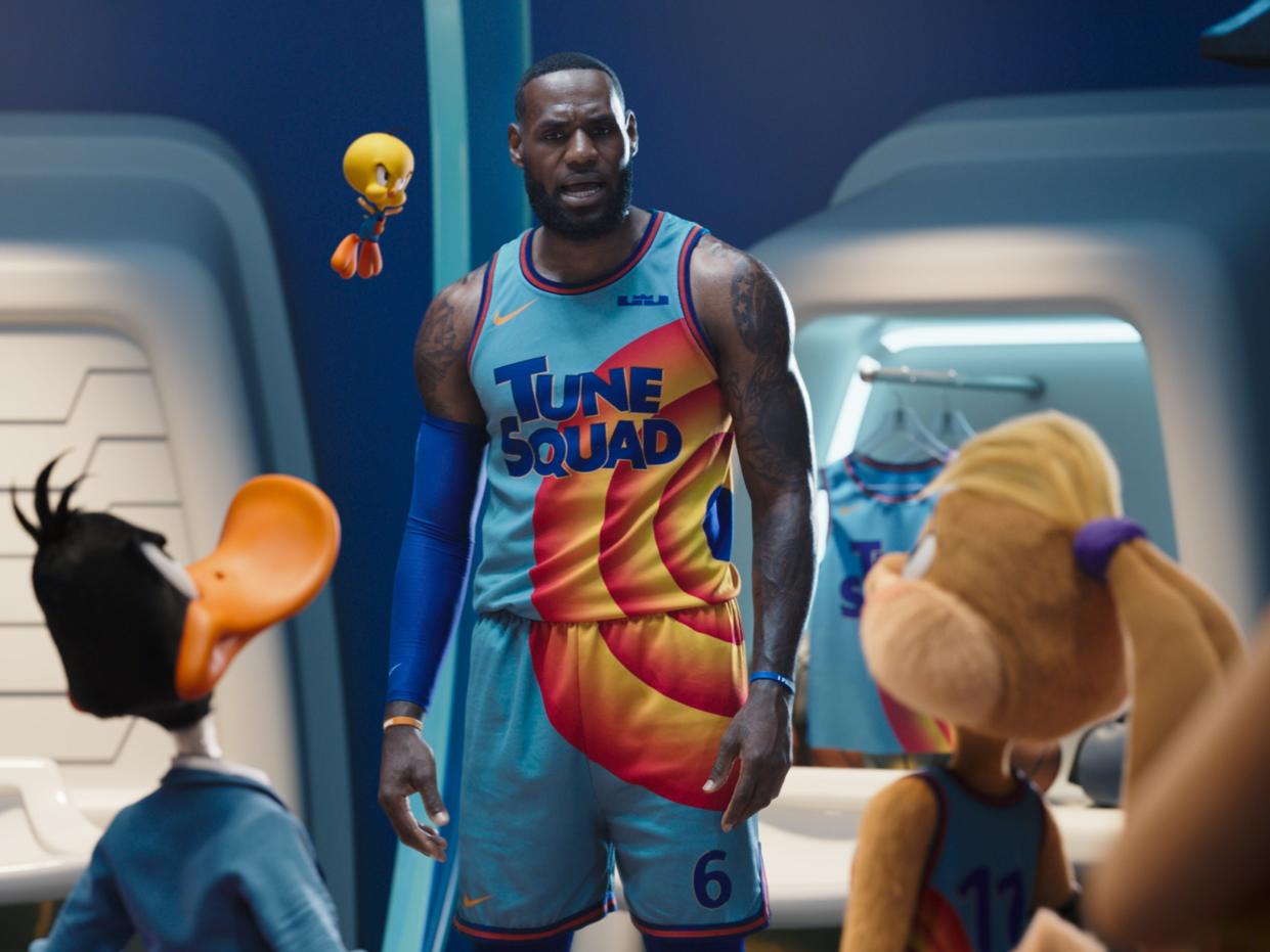 LeBron James with Daffy Duck, Lola Bunny and Tweety in Space Jam: A New Legacy"