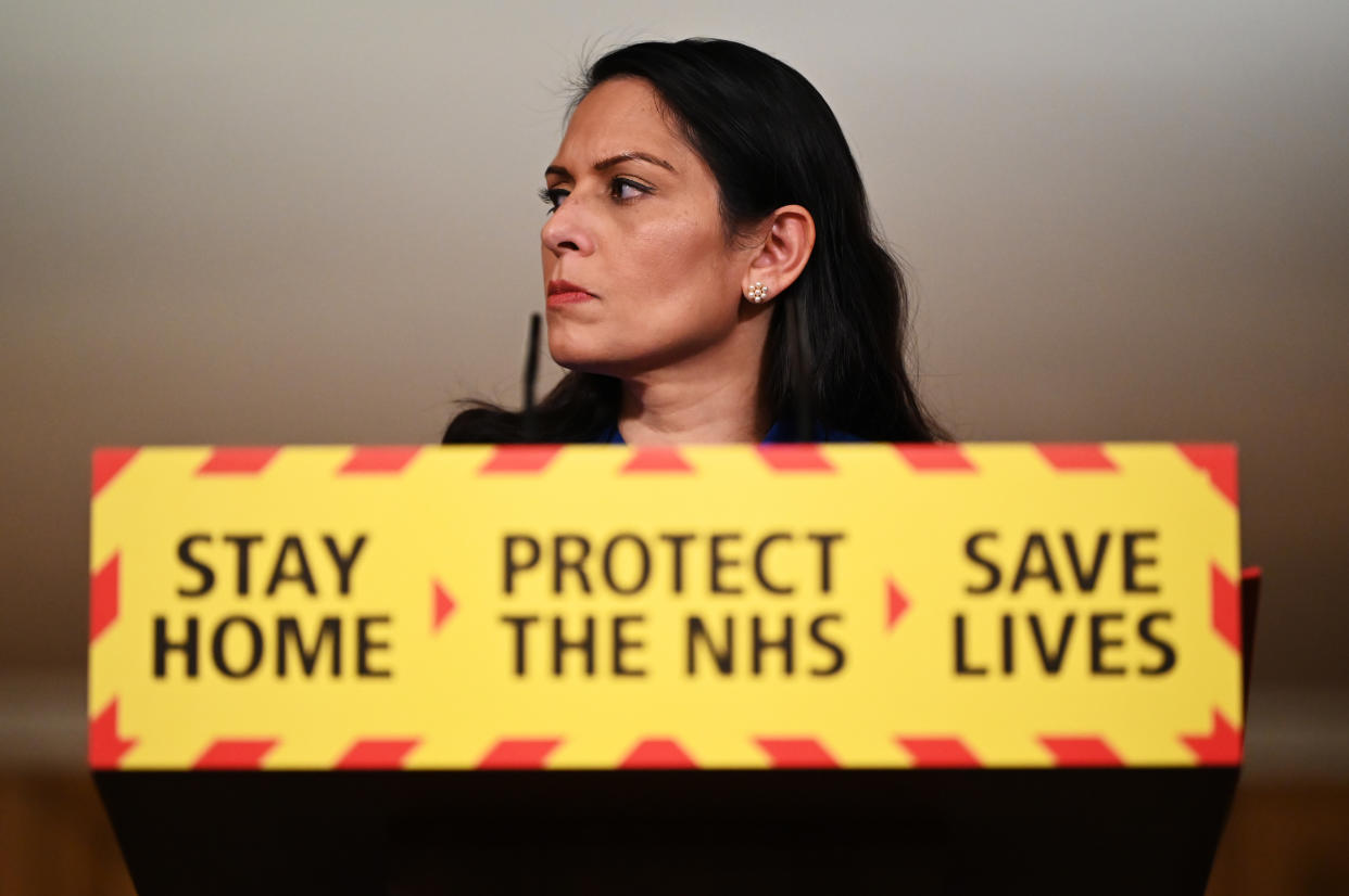 LONDON, ENGLAND - JANUARY 12: United Kingdom Home Secretary Priti Patel talks at a coronavirus press conference at Downing Street on January 12, 2021 in London, England. The Home Secretary pressed the message that the nation must abide by the government's rules to help get Covid-19 cases down again, following days of the numbers increasing. (Photo by Leon Neal/Getty Images)