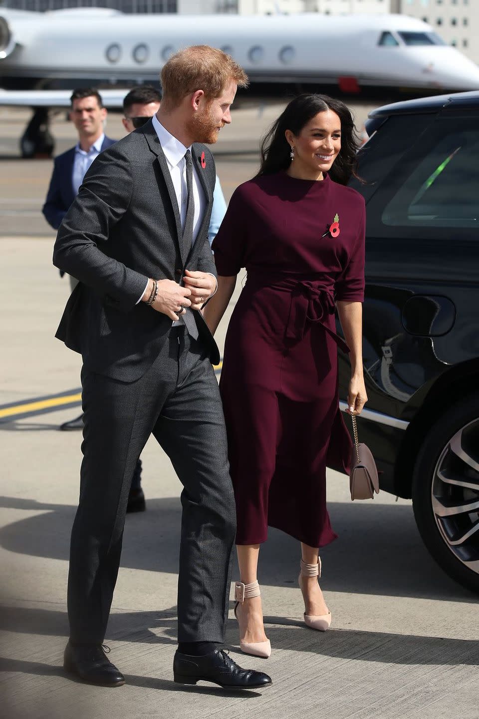 <p>The couple left for the final country on their royal tour schedule, New Zealand, on Sunday, October 28. The Duchess wore a burgundy Hugo Boss dress for the travel day.</p><p><a class="link " href="https://go.redirectingat.com?id=74968X1596630&url=https%3A%2F%2Fwww.hugoboss.com%2Fuk%2Fslim-fit-dress-in-soft-jersey-with-detachable-belt%2F4029049659730.html&sref=https%3A%2F%2Fwww.townandcountrymag.com%2Fstyle%2Ffashion-trends%2Fg3272%2Fmeghan-markle-preppy-style%2F" rel="nofollow noopener" target="_blank" data-ylk="slk:SHOP NOW;elm:context_link;itc:0;sec:content-canvas">SHOP NOW</a><em> Soft Jersey Dress by Hugo Boss, $319</em></p>