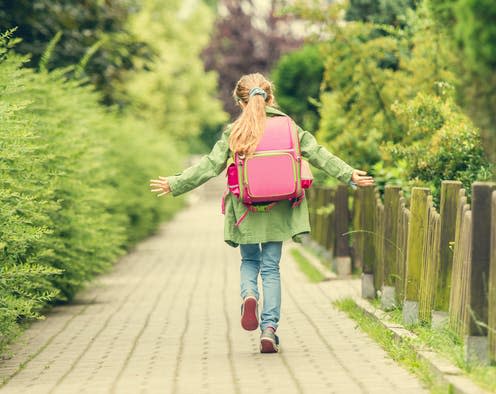 <span class="caption">Children walking and cycling to school has declined over the last 20 years.</span> <span class="attribution"><a class="link " href="https://www.shutterstock.com/image-photo/little-girl-backpack-going-school-back-374635360" rel="nofollow noopener" target="_blank" data-ylk="slk:Shutterstock;elm:context_link;itc:0;sec:content-canvas">Shutterstock</a></span>