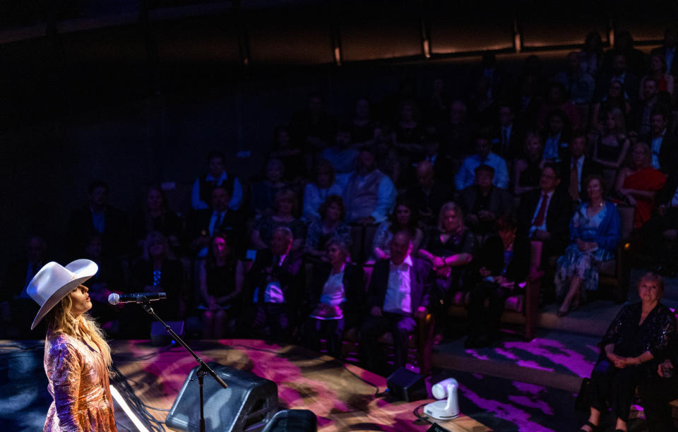 Elizabeth Cook performs a song in honor of Pete Drake as he was inducted into the Country Music Hall of Fame during the  medallion ceremony at the Country Music Hall of Fame and Museum in Nashville, Tennessee, Sunday, May 1,2022.