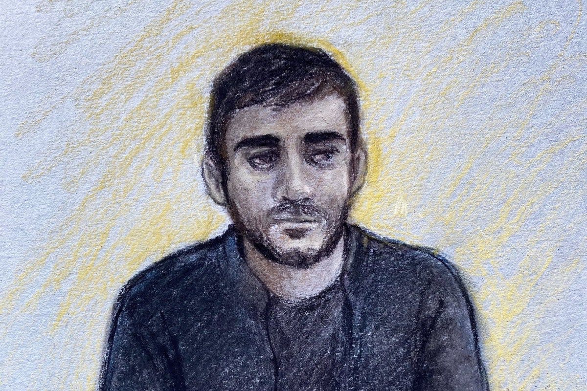 Court artist sketch by Elizabeth Cook of Jaswant Singh Chail, from Southampton, appearing via video link at Westminster Magistrates’ Court, in London, where he is charged under the Treason Act (Elizabeth Cook/PA) (PA Wire)