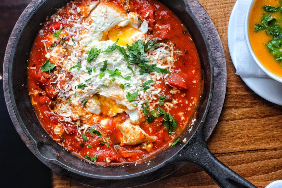 Shakshuka (sautéed tomatoes, green and red peppers and two poached eggs) at The Falafel Place in White Plains makes for a great meatless meal. There's also a location in Yonkers as well as a sister restaurant, Pita House, in Tarrytown.