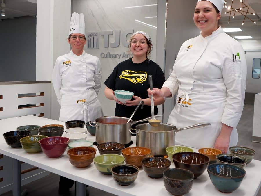 Culinary students Rebekah pool (left) and Kortney McMillian (right) with art student Lilly Jackson (center), courtesy of TJC