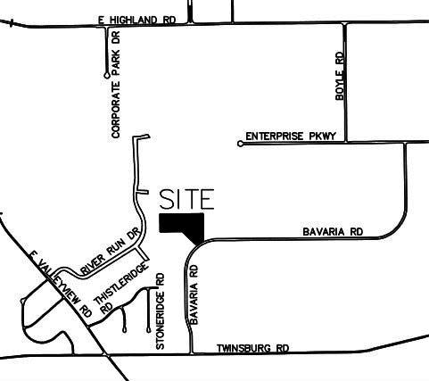 This map shows the location of a proposed self-storage facility on the curve of Bavaria Road.