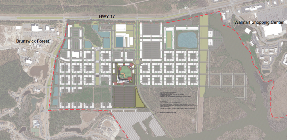 Leland is in early talks with the Texas Rangers to bring a minor league baseball stadium to U.S. 17. Here's a look at the current site plan.